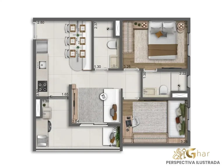 Planta decorada apartamento 50m² Cult Vila Mariana