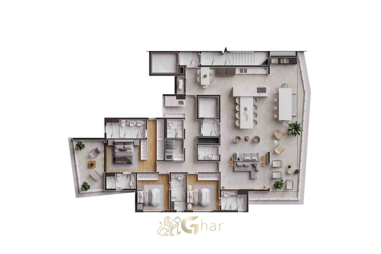 Planta apartamento 224m² 3 suítes sala ampliada Design Julia Santana