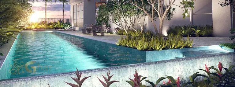Deck com piscina do condomínio Emiie Moema Residencial em São Paulo