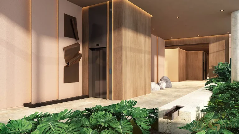 Lobby térreo do condomínio Emiie Moema Residencial em São Paulo