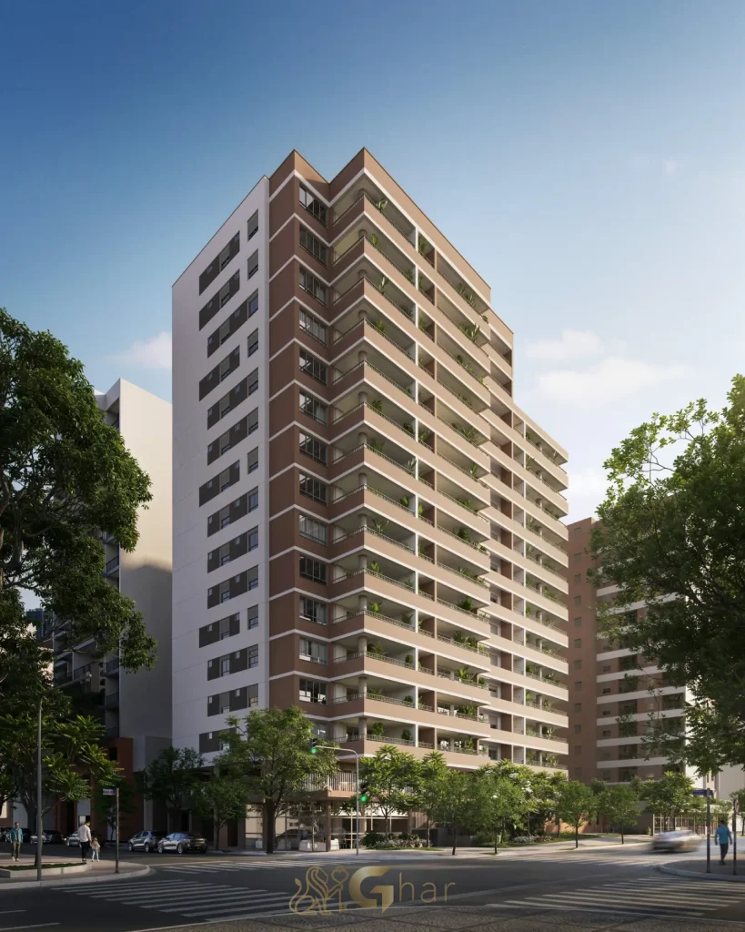 Fachada moderna do condomínio Eucalys Moema Lírio