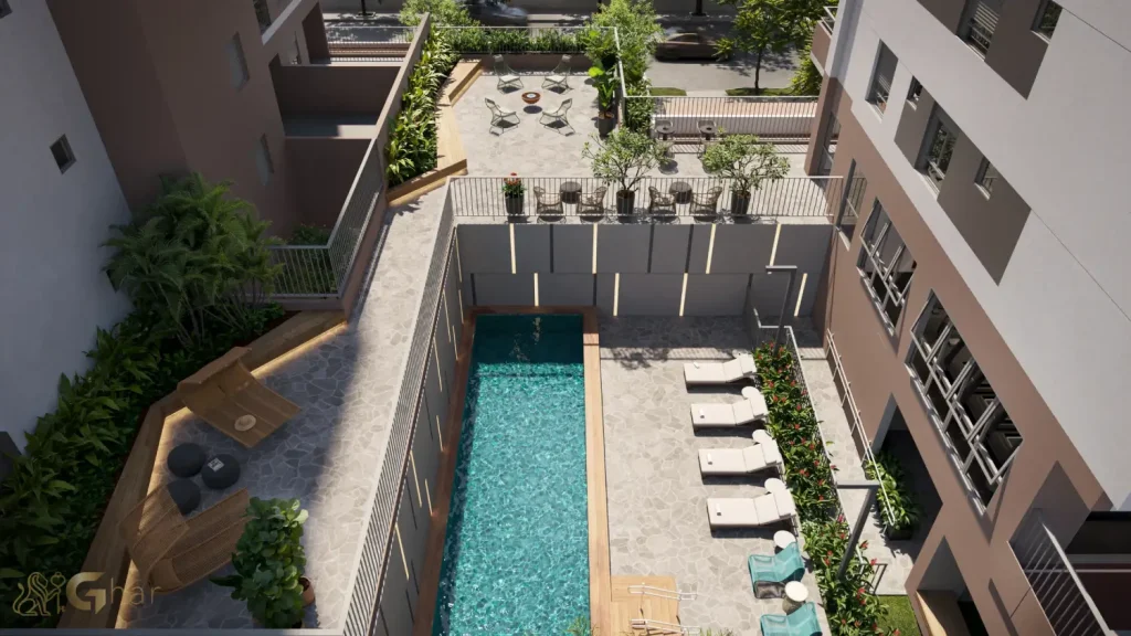 Solarium e deck ao lado da piscina no Eucalys Moema Lírio