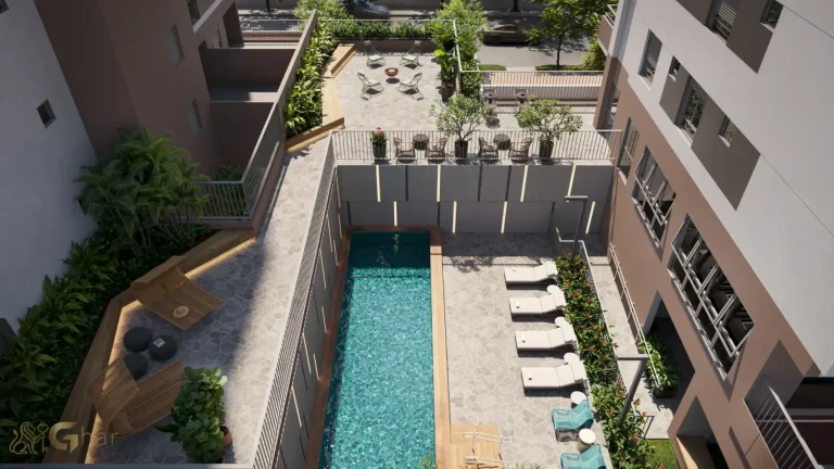 Solarium e deck ao lado da piscina no Eucalys Moema Lírio