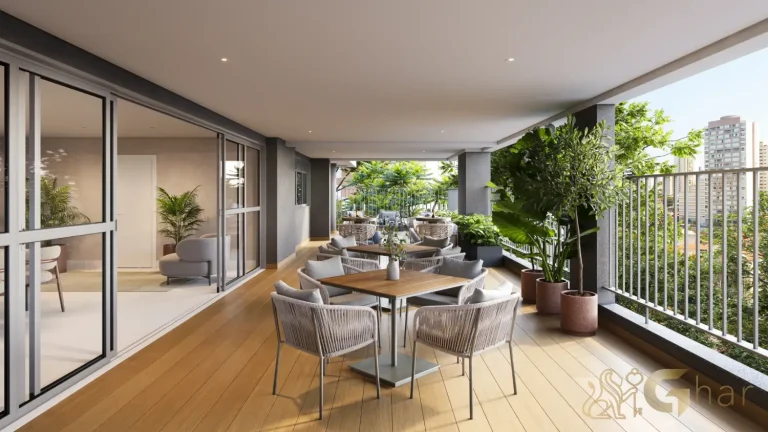 Terraço com churrasqueira gourmet no Eucalys Moema Lírio