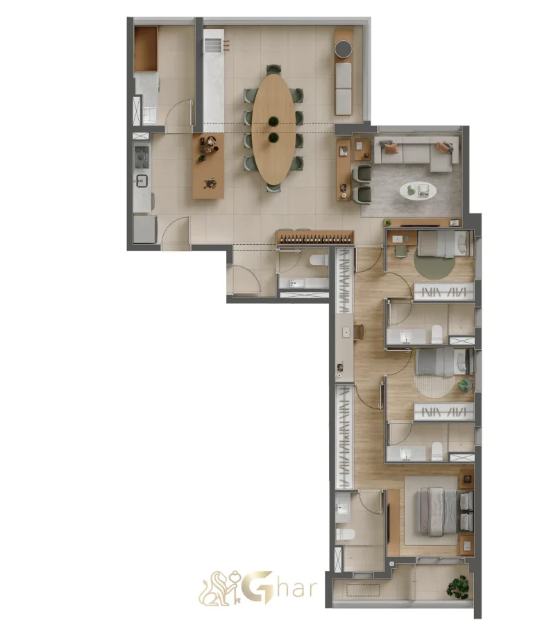 Planta de 136m² com 3 suítes do Eucalys Moema Lírio