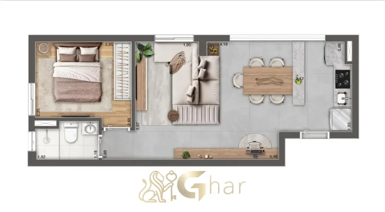 Planta do apartamento de 40 m² com 1 dormitório e sala ampliada no Full Jardim São Paulo