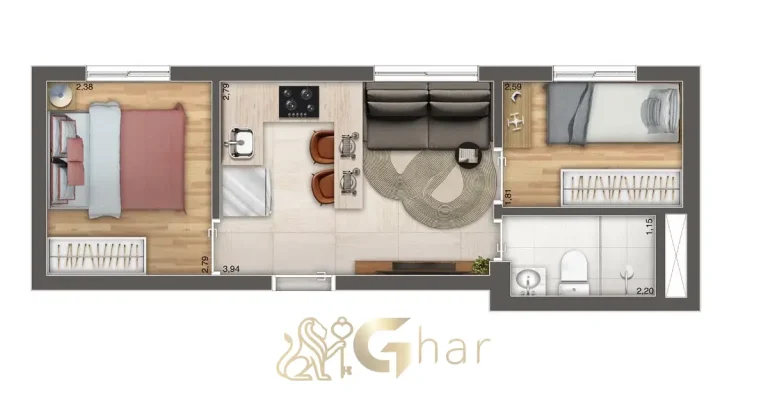 Planta do apartamento compacto de 31 m² com 2 dormitórios no Full Jardim São Paulo