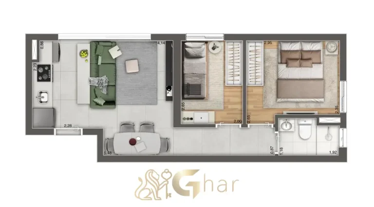 Planta do apartamento 40 m² com sala ampliada e 2 dormitórios no Full Jardim São Paulo