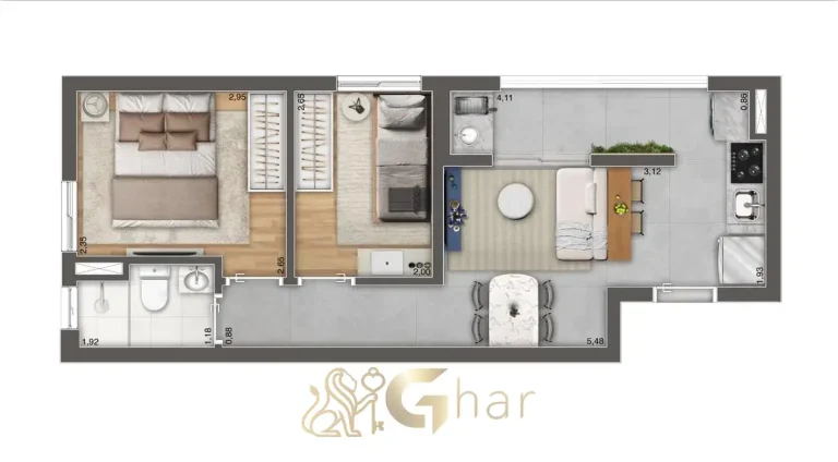 Planta do apartamento de 40 m² com 2 dormitórios e terraço gourmet no Full Jardim São Paulo