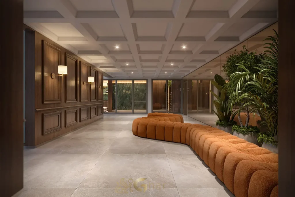 Lobby sofisticado do Haus Mitre Edition Moema em São Paulo