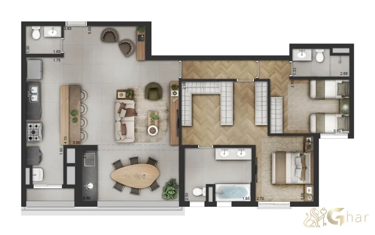 Planta apartamento 2 suítes com living ampliado 114 m² no Haus Mitre Edition Moema