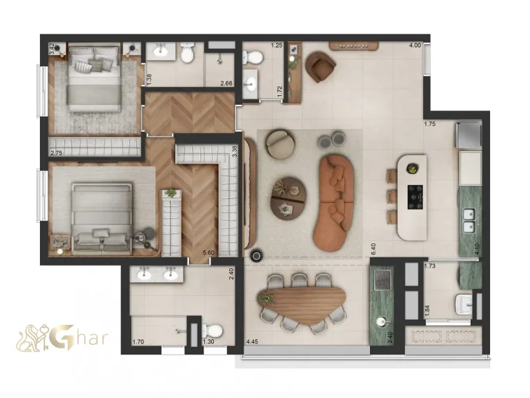 Planta apartamento 2 suítes 114 m² com living ampliado no Haus Mitre Edition Moema
