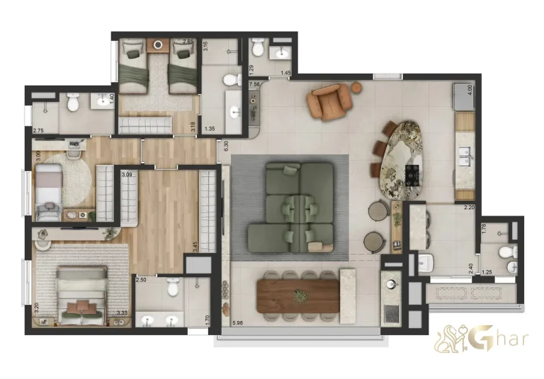Planta apartamento 3 suítes com living ampliado 141 m² no Haus Mitre Edition Moema