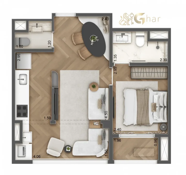 Planta apartamento 43 m² living ampliado no Haus Mitre Station Brooklin São Paulo