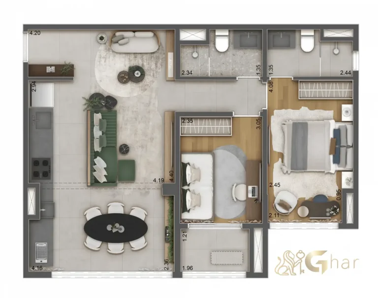 Planta apartamento 63 m² ampliado no Haus Mitre Station Brooklin São Paulo