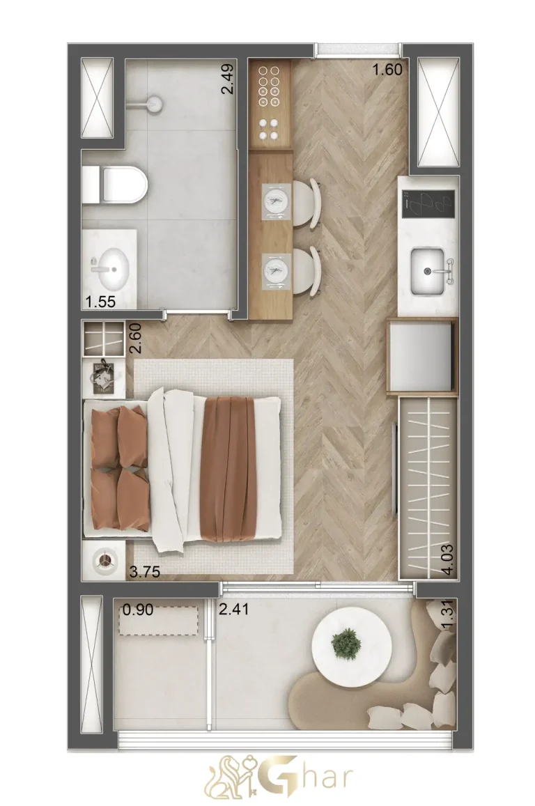 Planta studio 26 m² no Haus Mitre Station Brooklin São Paulo