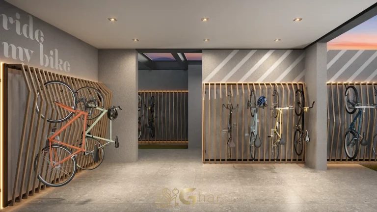 Bicicletário moderno no condomínio Häuser Home Design Moema em São Paulo