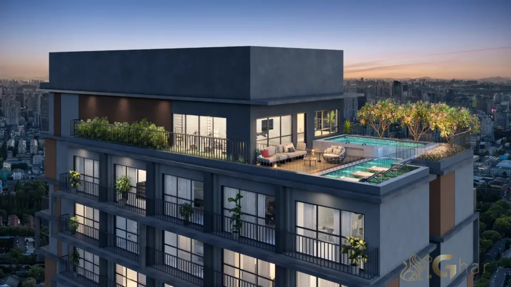 Fachada com rooftop do condomínio Häuser Home Design Moema em São Paulo