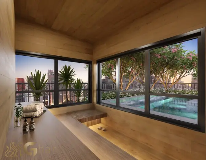 : Sauna com vista panorâmica no condomínio Häuser Home Design Moema em São Paulo