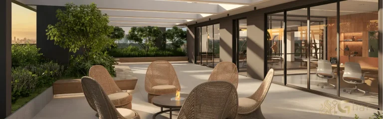 Lounge externo com lareira Helbor Collage Bela Vista