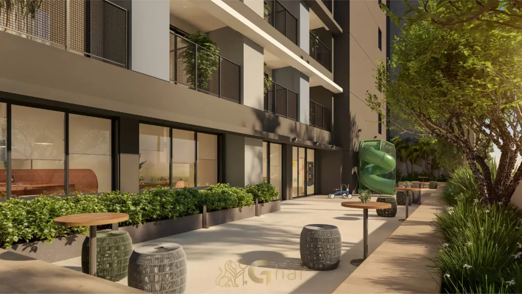 Praça lounge do Helbor Collage Bela Vista studios e apartamentos