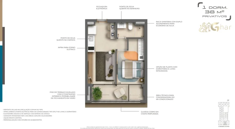 Planta apartamento 1 dormitório 38m² Helbor Collage Bela Vista