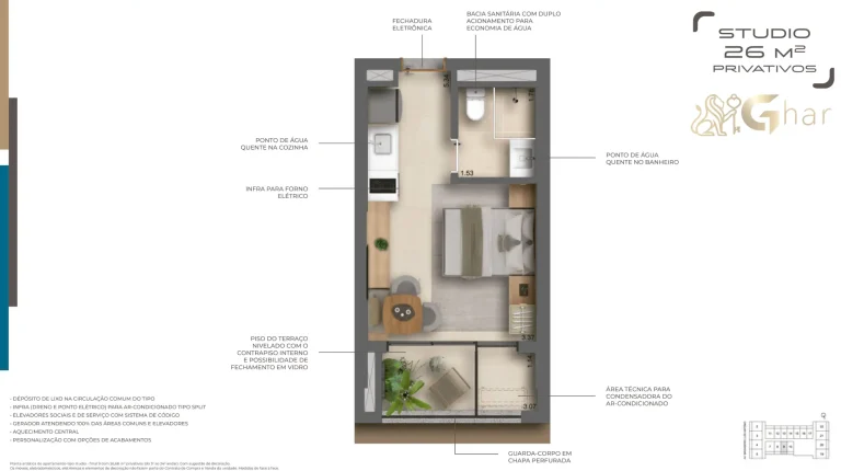 Planta studio 26m² Helbor Collage Bela Vista São Paulo