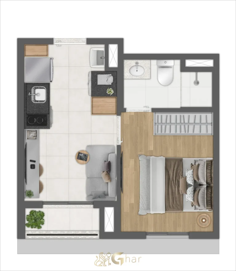 Planta alternativa apartamento 24m² 1 dormitório opção B Joá Pinheiros