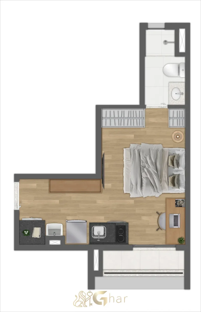 Planta apartamento 24m² 1 dormitório opção E Joá Pinheiros