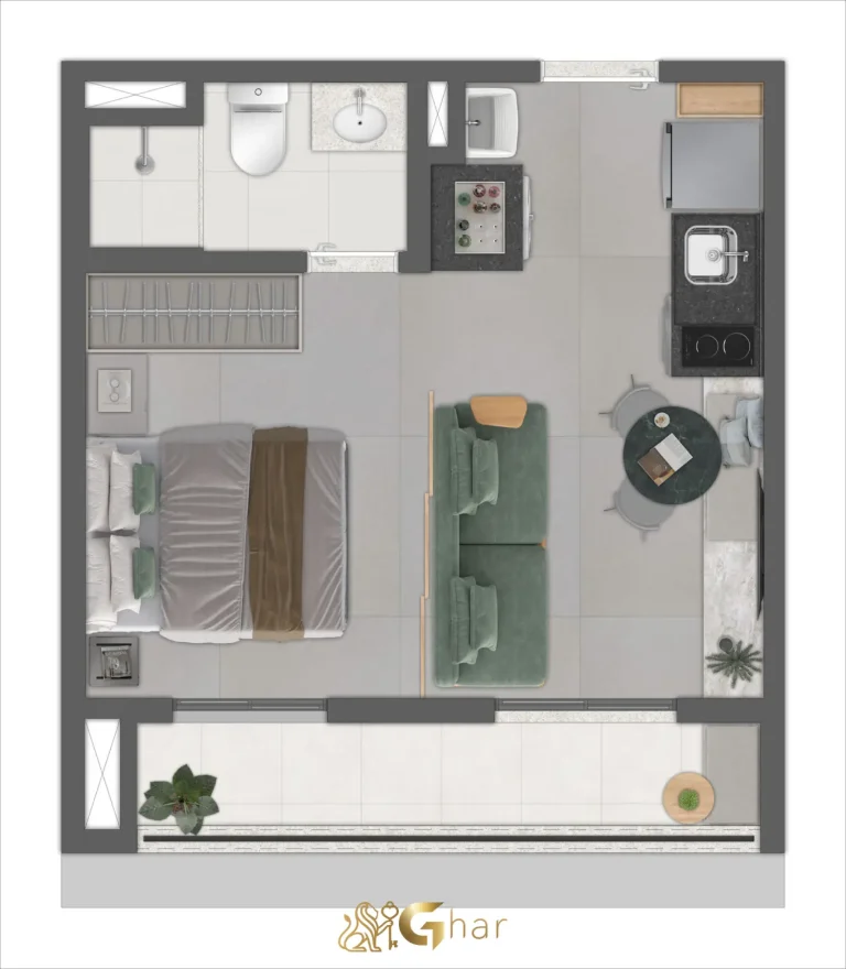 Planta apartamento 29m² 1 dormitório opção ampliada Joá Pinheiros