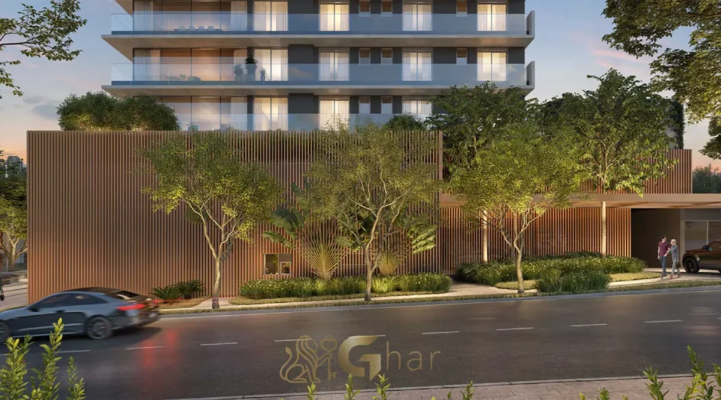 Fachada com portaria do condomínio Kalea Jardins