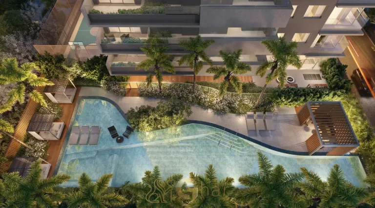 Piscina vista por drone no condomínio Kalea Jardins