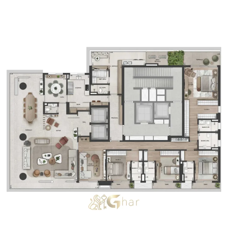 Planta apartamento 368 m² 4 suítes sala ampliada – Kalea Jardins