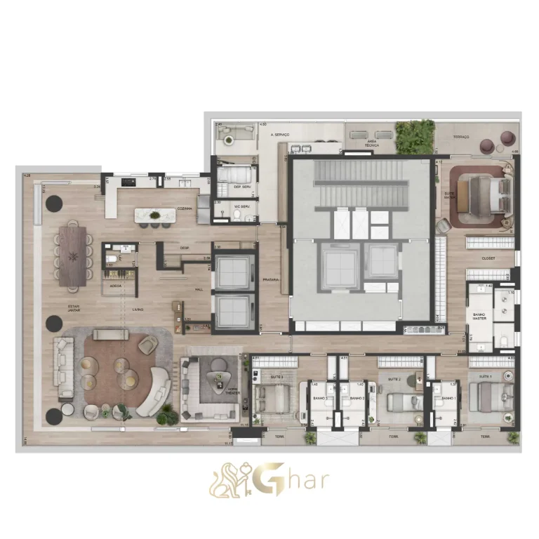 Planta apartamento 368 m² 4 suítes banho master – Kalea Jardins