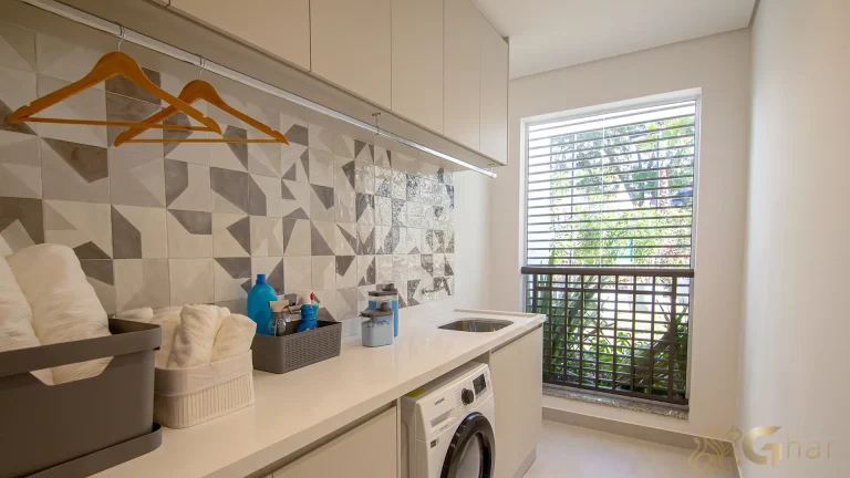 Lavanderia decorada Legacy Guedala apartamento de luxo São Paulo