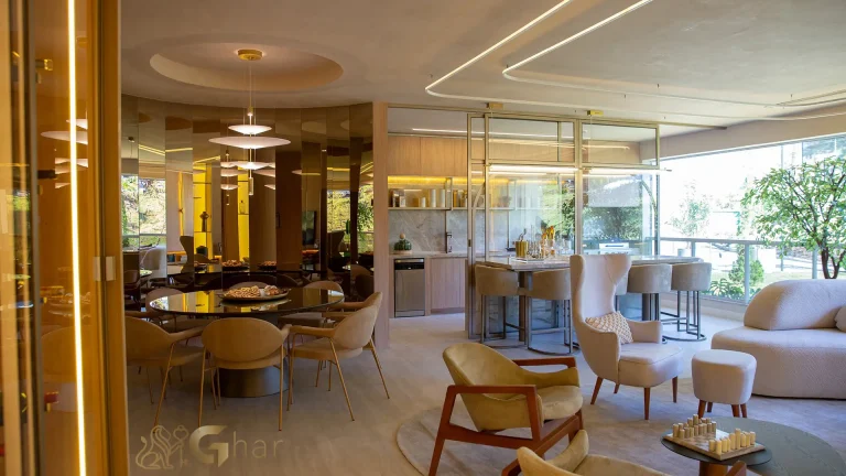 Sala de estar ampla Legacy Guedala apartamento decorado Jardim Guedala