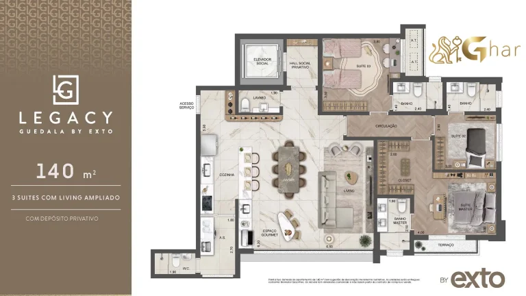 Planta apartamento 140m² 3 suítes living ampliado Legacy Guedala São Paulo