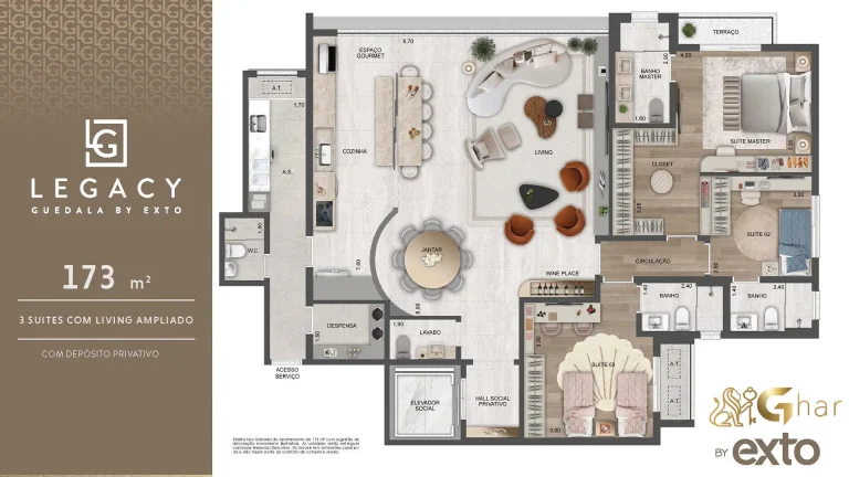 Planta apartamento 173m² 3 suítes living ampliado Legacy Guedala Jardim Guedala