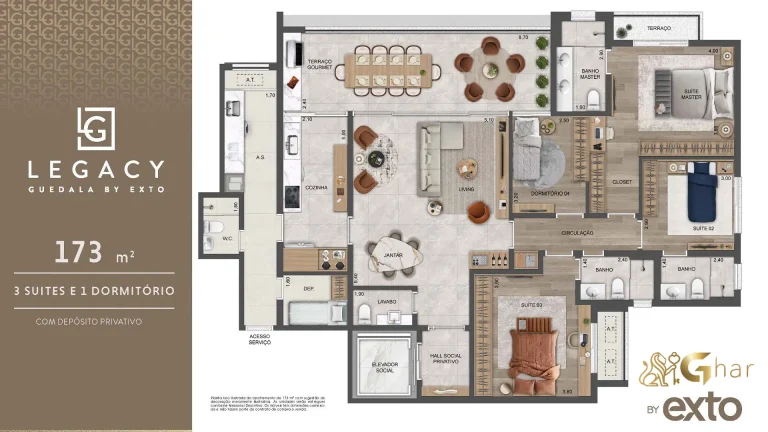 Planta apartamento 173m² 4 dormitórios 3 suítes Legacy Guedala São Paulo