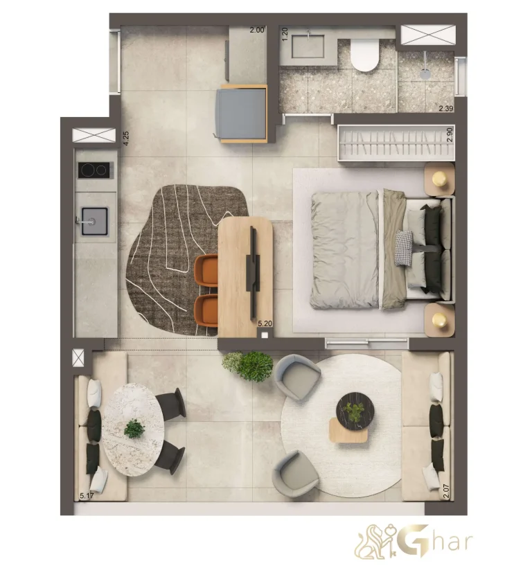 Planta apartamento 35 m² ampliada no Living Full Estaiada Brooklin
