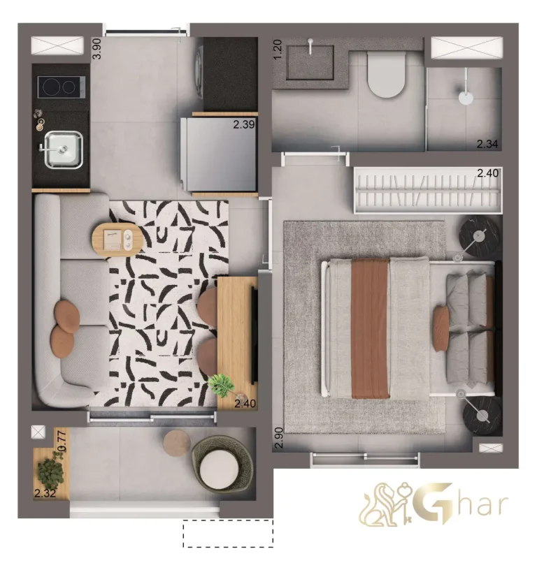 Planta apartamento 24m² 1 dormitório Living Full Paulista Aclimação São Paulo