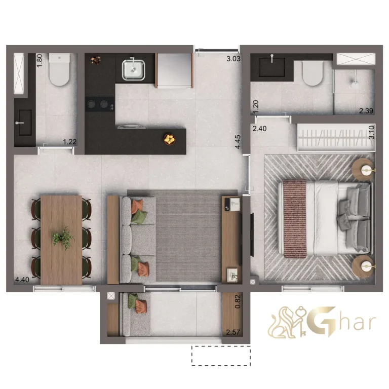 Planta apartamento 36m² 1 suíte lavabo Living Full Paulista Aclimação São Paulo