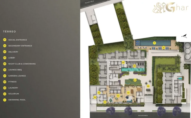 Planta térreo lazer implantação Living Full Paulista Aclimação São Paulo