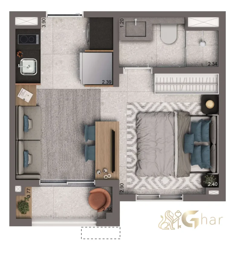 Planta studio 24m² padrão Living Full Paulista Aclimação São Paulo