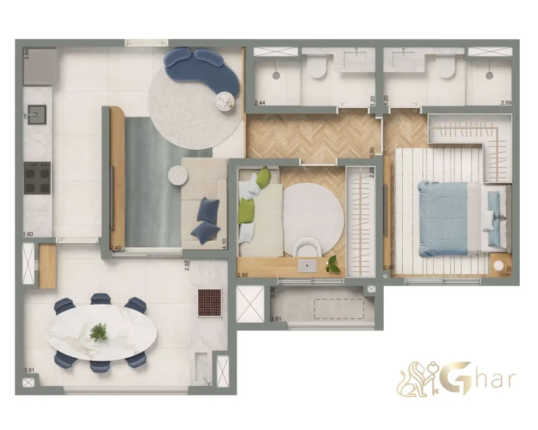 Planta apartamento 60m² 2 dormitórios 1 suíte Living Grand Exclusive Tucuruvi São Paulo