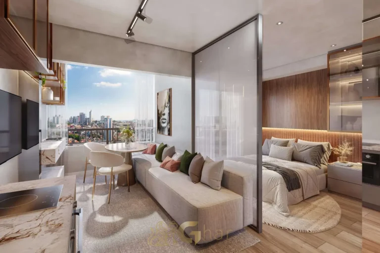 Apartamento decorado 1 dormitório com living no Look Ibirapuera