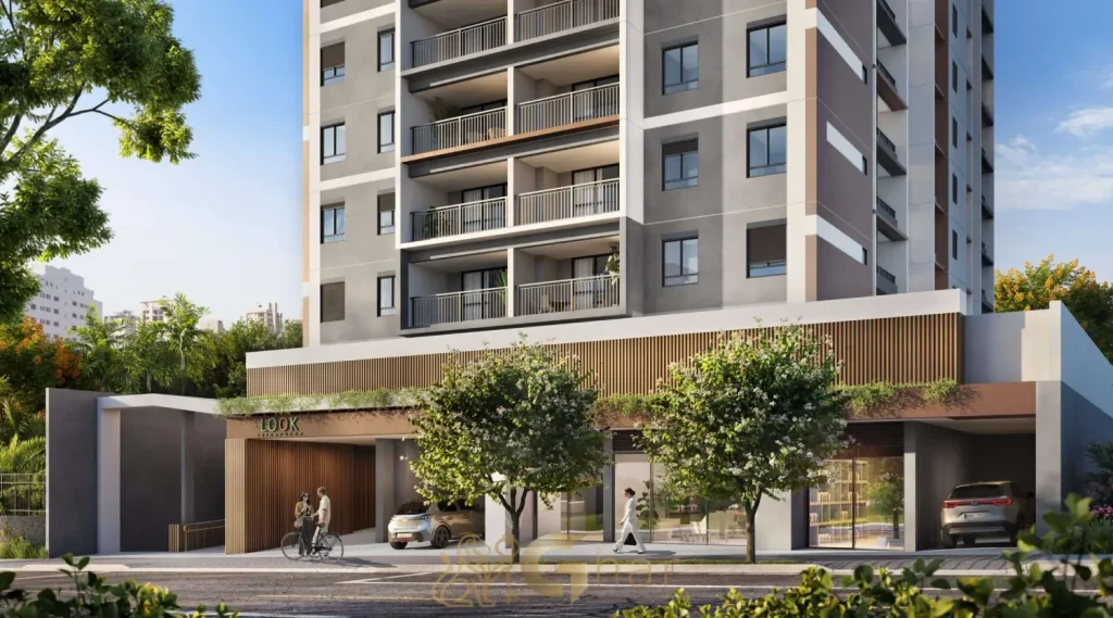 Fachada e portaria do condomínio Look Ibirapuera na rua