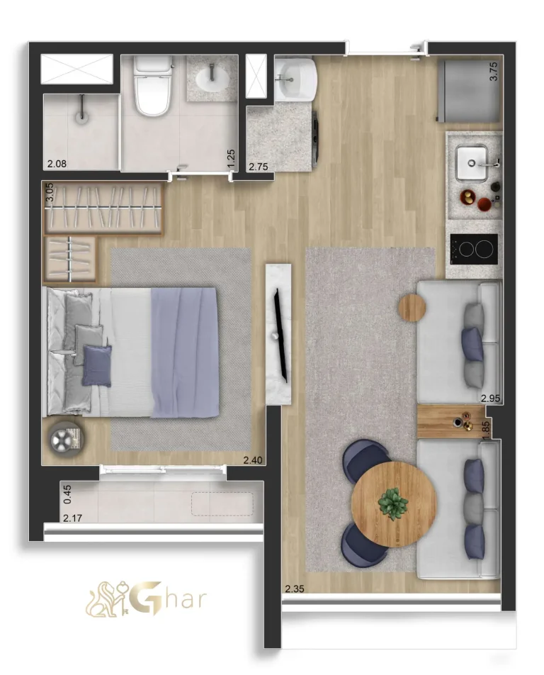 Planta 29 m² 1 dormitório ampliado – Look Ibirapuera