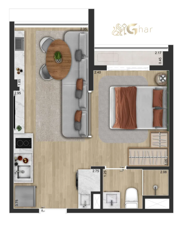 Planta decorada 29 m² 1 dormitório – Look Ibirapuera