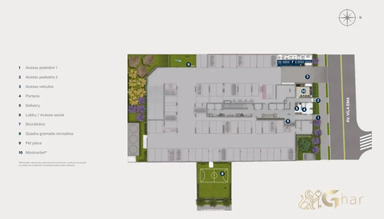 Planta do térreo com lazer no condomínio Lume House Vila Prudente